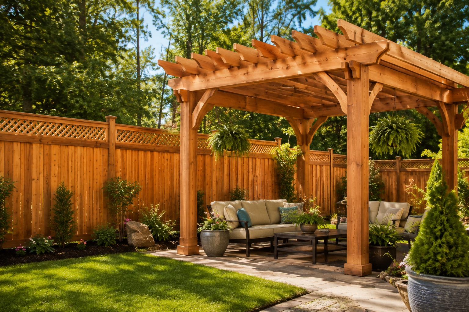 cedar pergola and cedar fence