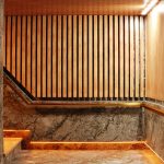 Wood cladding installed in a residential interior.
